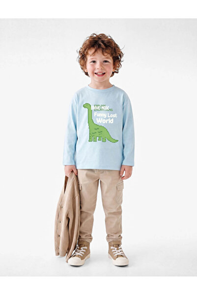 Koton Long Sleeve Crew Neck Dinosaur Printed Cotton T-Shirt