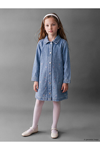LC Waikiki Lcw Kids Indigo Denim Stoned Girls' Dress with Nevavm Difference