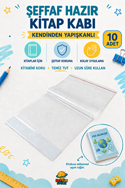 neptünstore Şeffaf Hazır Kendinden Yapışkanlı Kitap Kabı 10 Adet Kitap Kaplığı