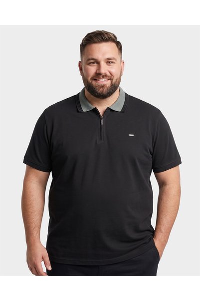 TURHAN TRİKO Black Short Sleeve Polo Collar Men's Plus Size T-Shirt