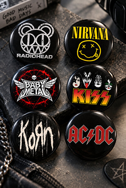 Rock & Metal 6’lı Rozet Seti #5 58mm Nirvana KISS AC/DC Korn Radiohead Baby Metal
