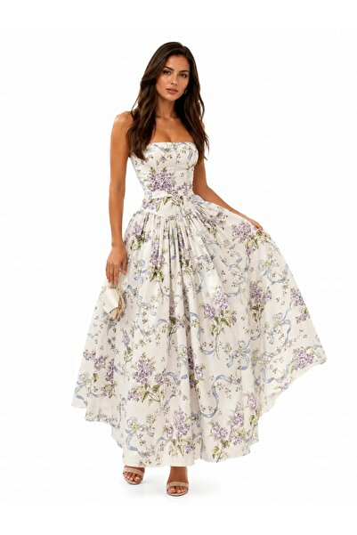 CHARMÉE Rochie prințesă lungă cu corset și imprimeu floral, Alb