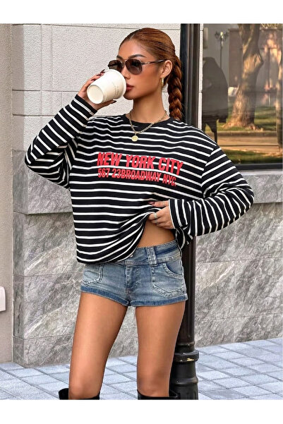 ACELYA Kadın Çizgili Baskı Detaylı Uzun Kol T-shirt