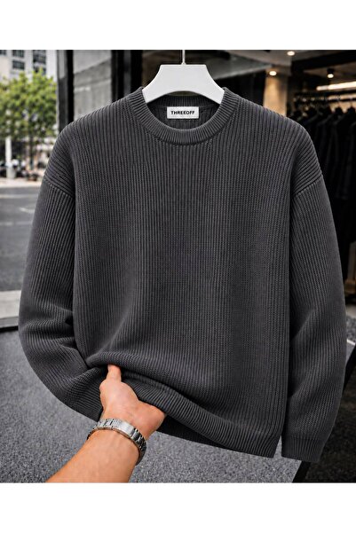 threeoff Men's Regular Fit Crew Neck Braided Knitwear