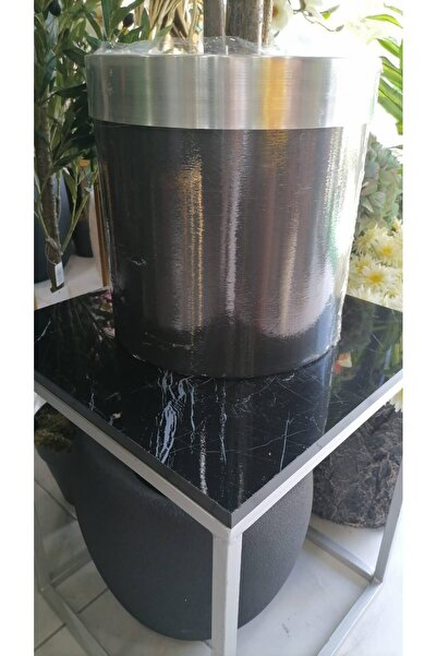 NC Home Design Silindir Alüminyum Saksı Çemberli Siyah-Gümüş (Çap 25 cm-Yükseklik 30 Cm)