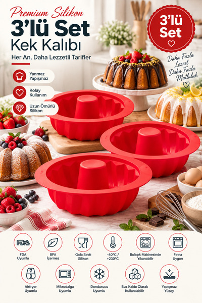 Stork 3 Pieces Premium Silicone Large Chef Cake Mold 24 cm - Round Non-Stick ...