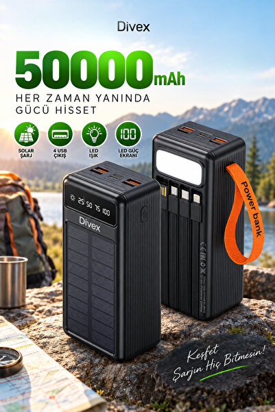 Divex 50.000 mAh Solar Powerbank – Dahili 4 Kablolu, LED Fenerli, Dijital Gös...