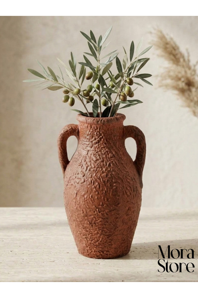 mora store Dekoratif Amphora Vazo Çift Kulplu Dokulu Bohem Akdeniz Tarzı Beto...