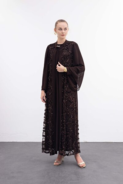 Melisa Boutique By Selma Özkan Taş İşlemeli Abaya, Kahverengi Tesettür Elbise