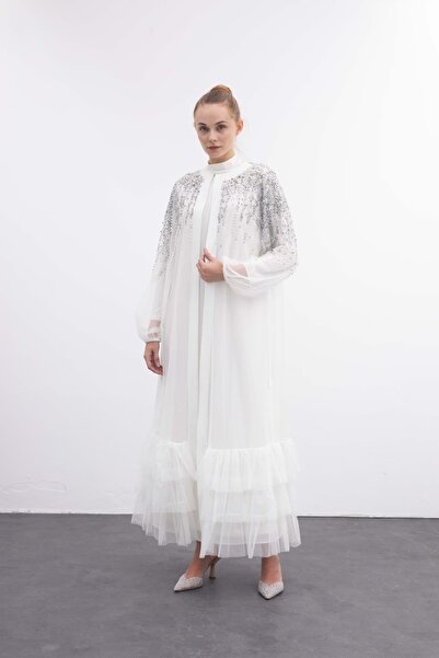 Fırfırlı Taş İşlemeli Abaya, Beyaz Tesettür Elbise