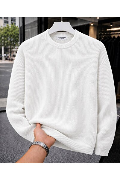 threeoff Men's Regular Fit Crew Neck Braided Knitwear