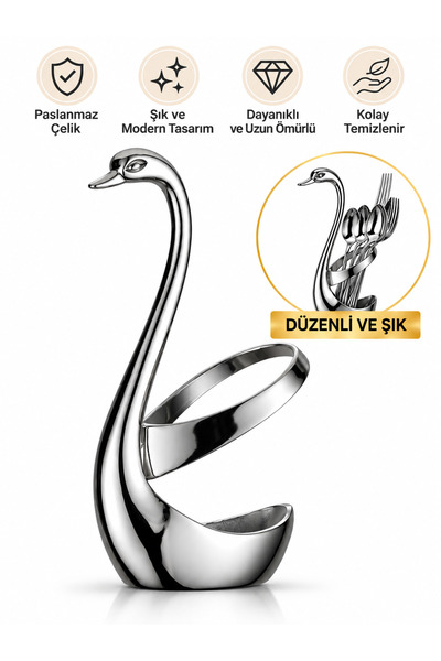 Partenya Kuğu Figürlü Paslanmaz Çelik Çatal Kaşık Standı – Dekoratif Metal So...