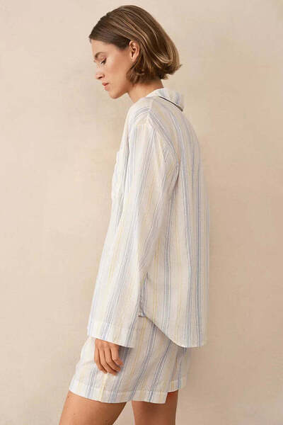 THE WHITE COMPANY Organic Cotton Striped Women's Pajama Shirt - Blue