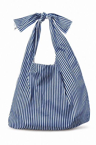 Masal Ten Women's Navy Blue White Striped Tie-Up Large Fabric Shoulder Bag Daily Tote