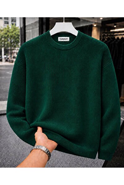 threeoff Men's Regular Fit Crew Neck Braided Knitwear