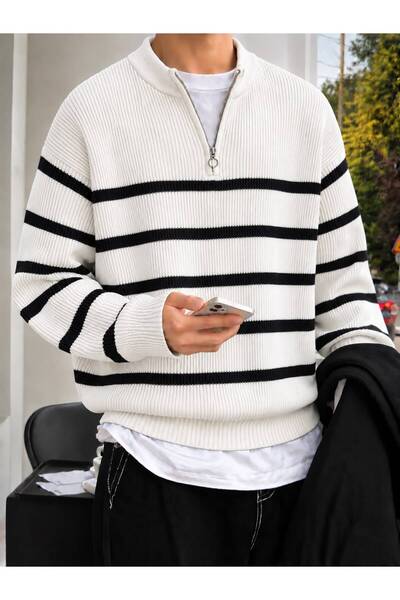 threeoff Men's Striped Knitwear Sweater Half Zipper Stand Collar Oversize Rib...