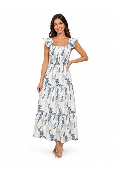 CHARMÉE Rochie boho lungă albă cu imprimeu albastru și volane, Alb
