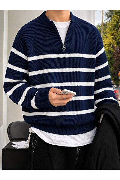 threeoff Men's Striped Knitwear Sweater Half Zipper Stand Collar Oversize Rib...