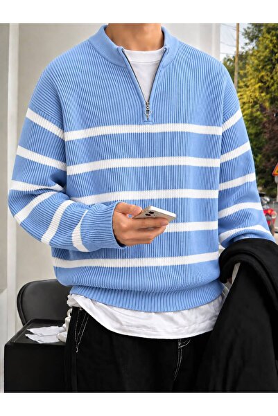 threeoff Men's Striped Knitwear Sweater Half Zipper Stand Collar Oversize Rib...