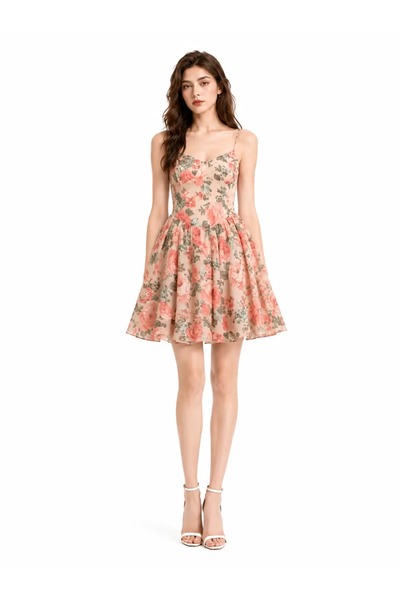 CHARMÉE Rochie înflorată scurtă cu trandafiri și bretele subțiri, Multicolor