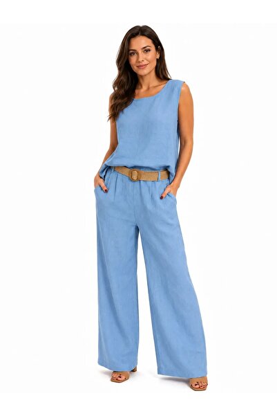 CHARMÉE Compleu elegant damă din in cu maiou și pantaloni largi, Bleu