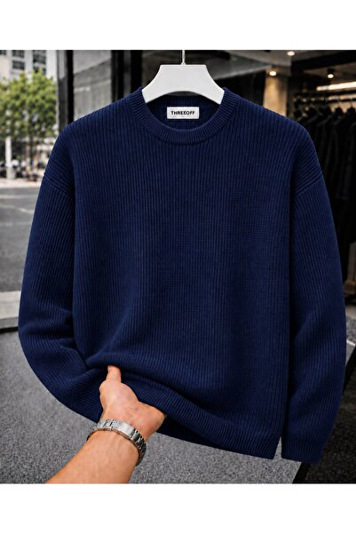 threeoff Men's Regular Fit Crew Neck Braided Knitwear