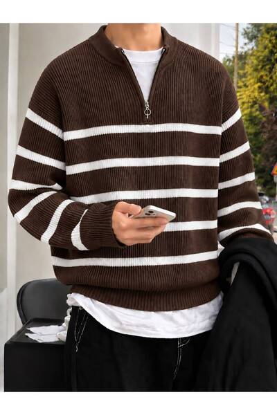 threeoff Men's Striped Knitwear Sweater Half Zipper Stand Collar Oversize Rib...