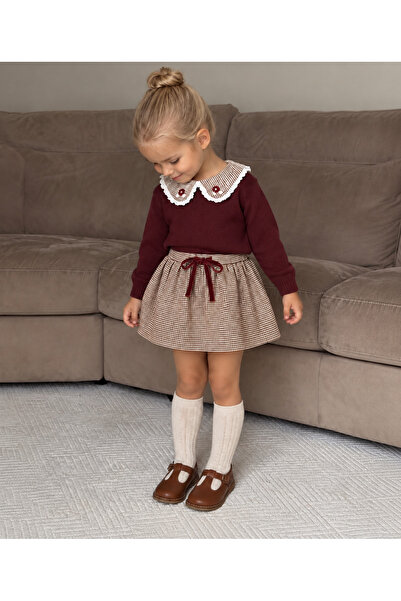 Mono Kids Kız Çocuk Bordo Triko Kazak Ekose Etekli Takım Dantel Yaka 2-5 Yaş.