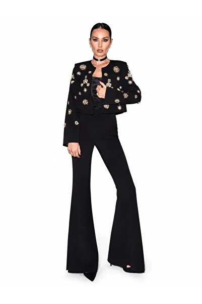 CHARMÉE Costum damă elegant cu jachetă brodată și pantaloni evazați, Negru