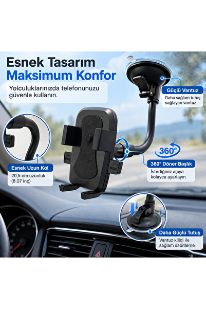 Zoli Araç İçi Telefon Tutucu – Güçlü Vantuzlu, 360° Dönebilen Başlık, 20cm Es...