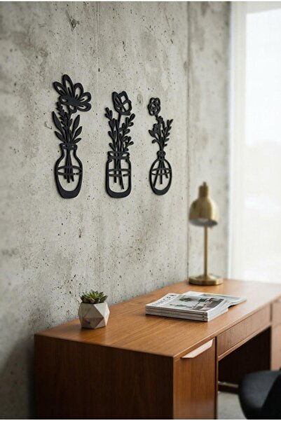 LAZORİAE Flower Wall Decor, Black Wall Decor, 3-Piece Wall Art, Wooden Painti...