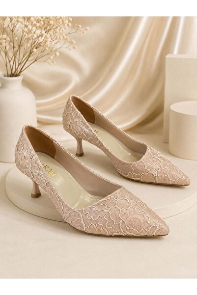 dabab shoes Дамски обувки LEYLA, пудрови, със заострен връх, с дантелен десен...