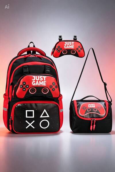GİYU SHOP مجموعة حقائب مدرسية ابتدائية منقوشة من Gamer Joistik مع حافظة للغدا...