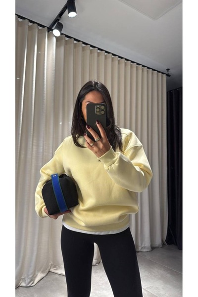 LUMI Kadın Oversize Sweatshirt Bisiklet Yaka Basic Günlük Rahat Kalıp Uzun Ko...