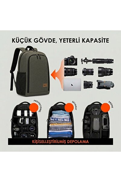 AZT Çok Amaçlı Drone , DSLR ve Aynasız Fotograf Makinesi Laptop Notebook Bölmeli Sırt Çantası Backpack Haki Kanvas Çanta