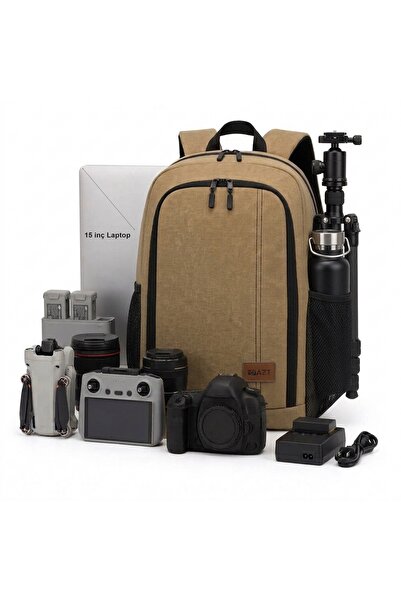 AZT Çok Amaçlı Drone , DSLR ve Aynasız Fotograf Makinesi Laptop Notebook Bölmeli Sırt Çantası Backpack Bej Camel Kanvas Çanta
