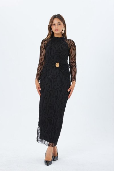 Nida Boutique Zero Neckline Sparkling Snail Accessory Detailed Tulle Flock Print Long Sleeve Lined