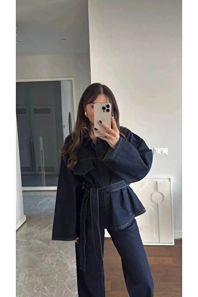 avakado women KADIN BAĞLAMALI ÇITÇIT DETAY LACİVERT KOT CEKET