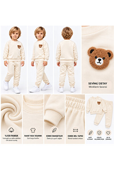 ninita kids Boy's Black Tracksuit Set with Teddy Bear Detail – Sweatshirt & Jogger Pants