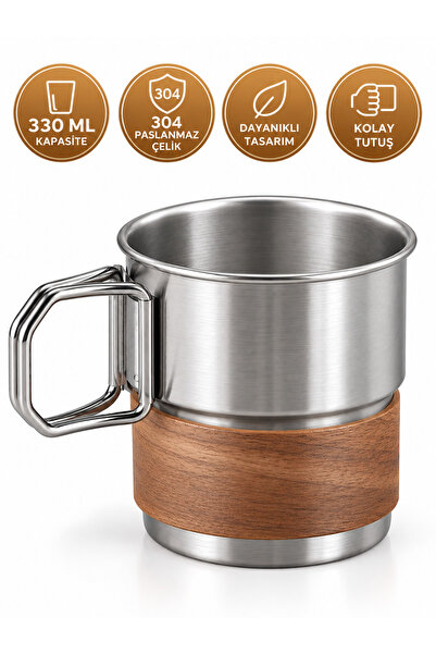 Partenya Ahşap Görünümlü Gövde, Kulplu Metal Kupa, 304 Paslanmaz Çelik 330 ML...