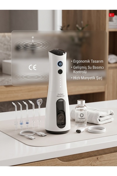 Ce-Dent Aquapulse Şarjlı, Kablosuz ve Taşınabilir Ağız Temizleme Duşu BEYAZ - 300 ml Su Haznesi - 4 Mod - IPX7 Su Geçirmezlik - Type-C