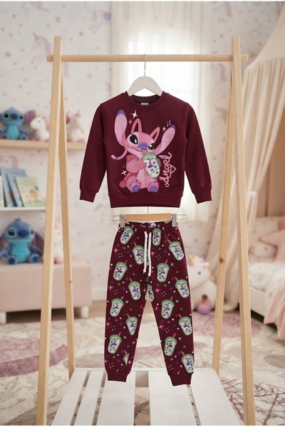 Sevimli Pembe Angel / Stitch Baskılı Bordo Çocuk Takım