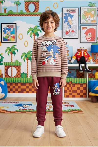 Sonic Baskılı Çizgili Uzun kollu Çocuk Eşofman Takımı