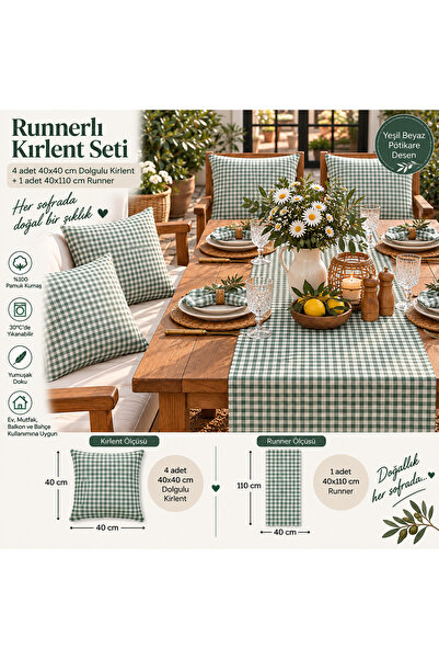 Sister Home Design Runnerli Kırlent Seti 5 Parça Kareli Ekose 4 Adet 40x40 Do...