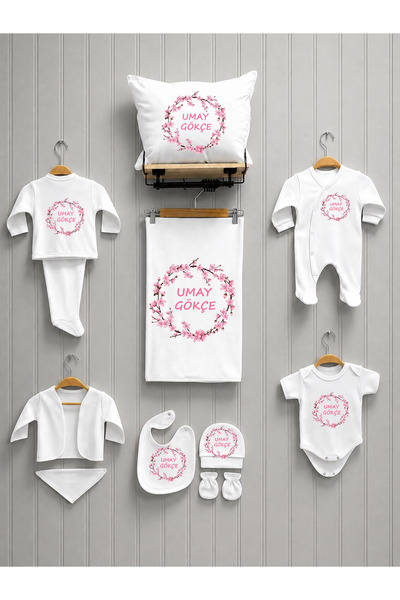 babyqold Kişiye Özel İsimli Kız Bebek Hastane Çıkışı Pembe Çiçek Çelengi Desenli Yenidoğan Bebek Seti