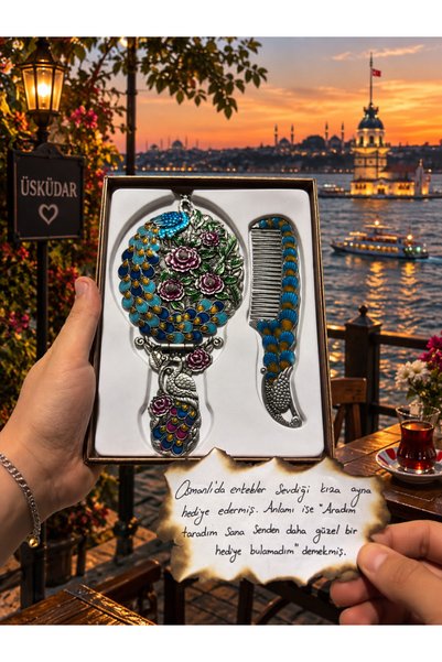 Home Çiçekli Mineli Tavus Kuşu El Aynası ve Tarak Seti Vintage Hediyelik