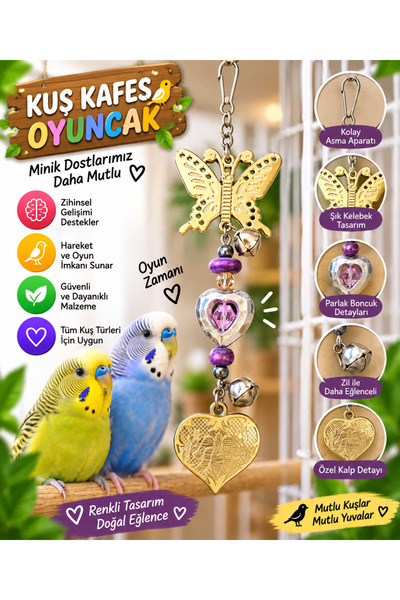Baron Pet Kuş Oyuncağı Altın Kelebek Kalp Figürlü Mor Boncuklu Kristal Zilli ...