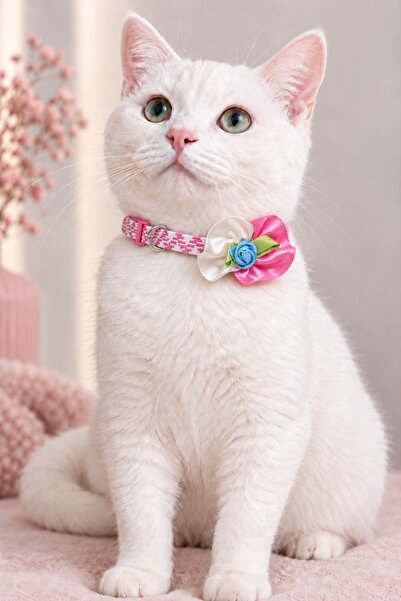 Pembe-Beyaz Çiçek Motif Ayarlanabilir Lastik Şeritli Papyon Kedi Köpek Tasma