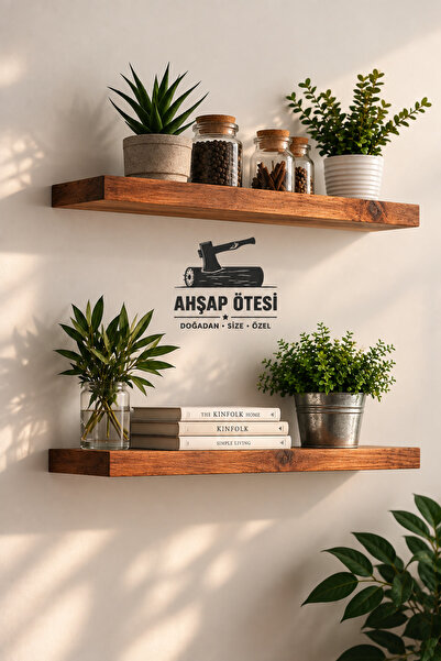 AHŞAP ÖTESİ 2' Li Doğal Ahşap Duvar Rafı 70x14 cm Gizli Askı Sistemli Yüzer R...