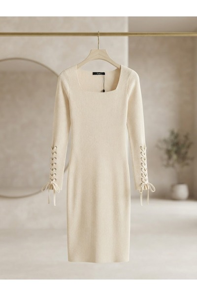 Chordi Women's Fitted Cut Sleeve Lace-Up Gathered Knitwear Dress